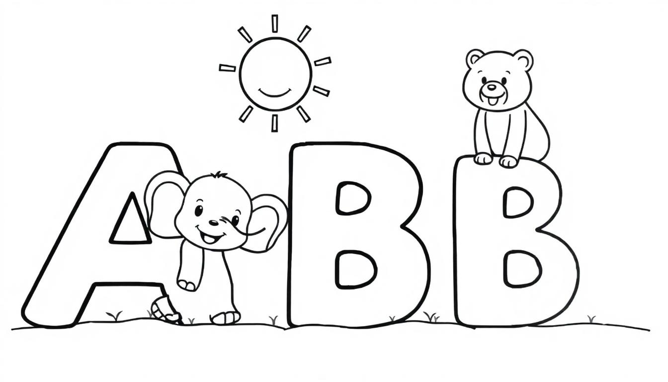 Farbtafel: Ein Elefant und ein Teddybär auf den Buchstaben A und B in einer Schwarz-Weiß-Zeichnung für ein Malbuch für Kinder.