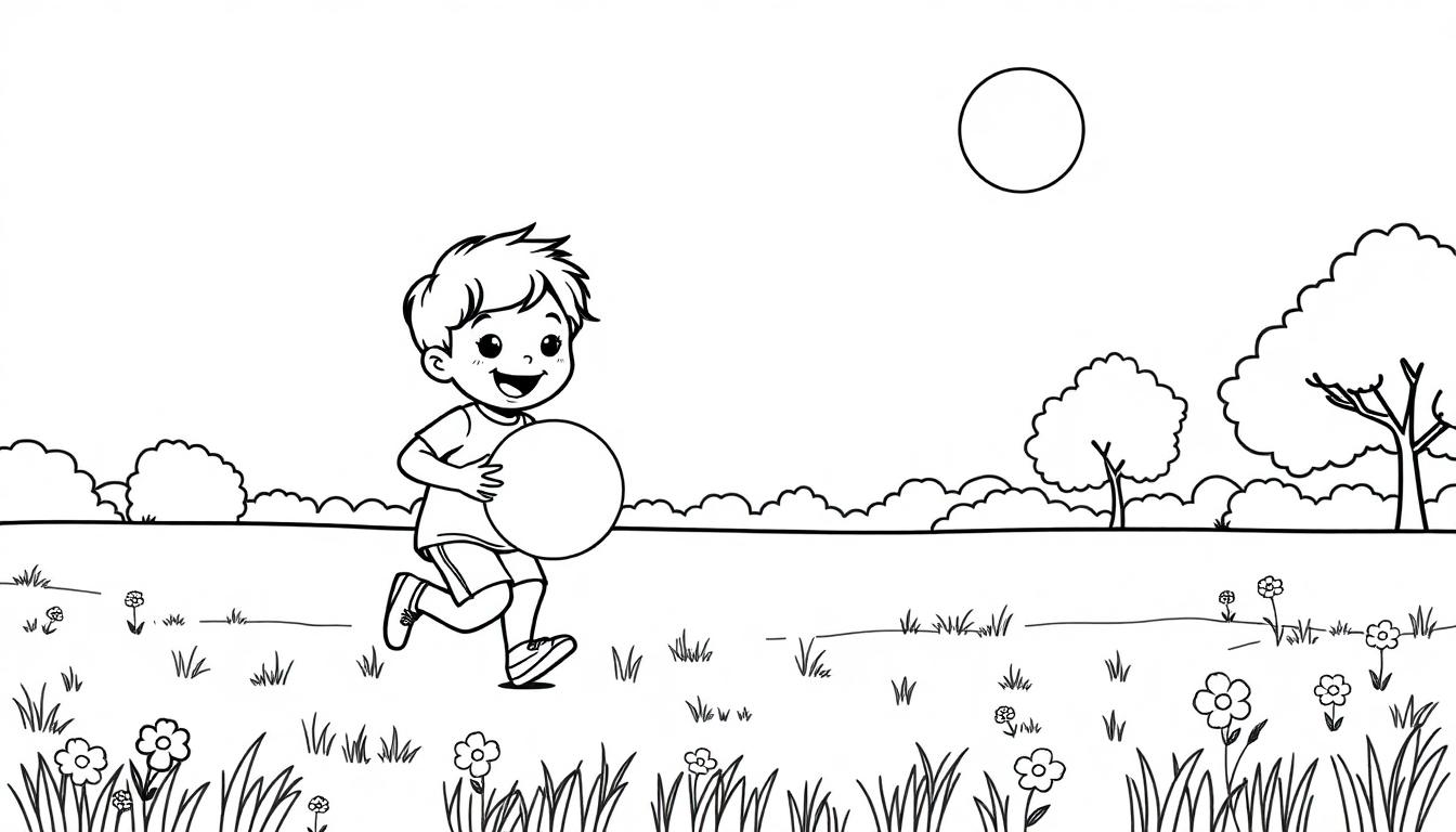 Schwarz-weiße Farbtafel eines fröhlichen Jungen, der mit einem Ball auf einer blühenden Wiese spielt, mit Bäumen im Hintergrund. Ein Kreis ist oben rechts auf der Farbtafel gezeichnet.