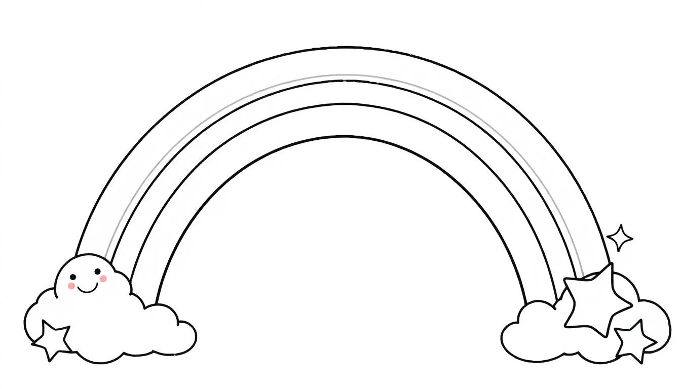 Schwarz-weiße Farbtafel eines Regenbogens mit lächelnden Wolken und winkenden Sternen.