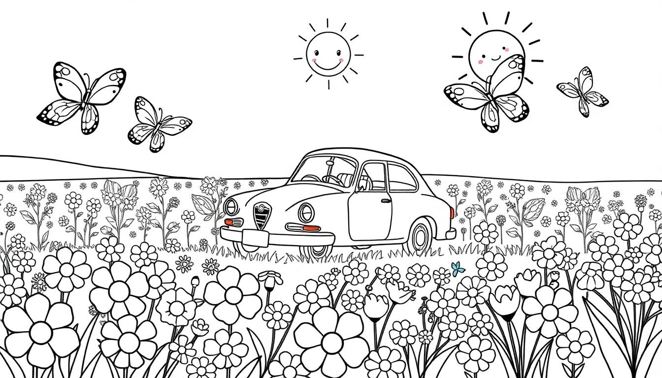Eine Schwarz-Weiß-Farbtafel-Zeichnung eines klassischen Autos auf einer Blumenwiese unter lächelnden Sonnen und Schmetterlingen.