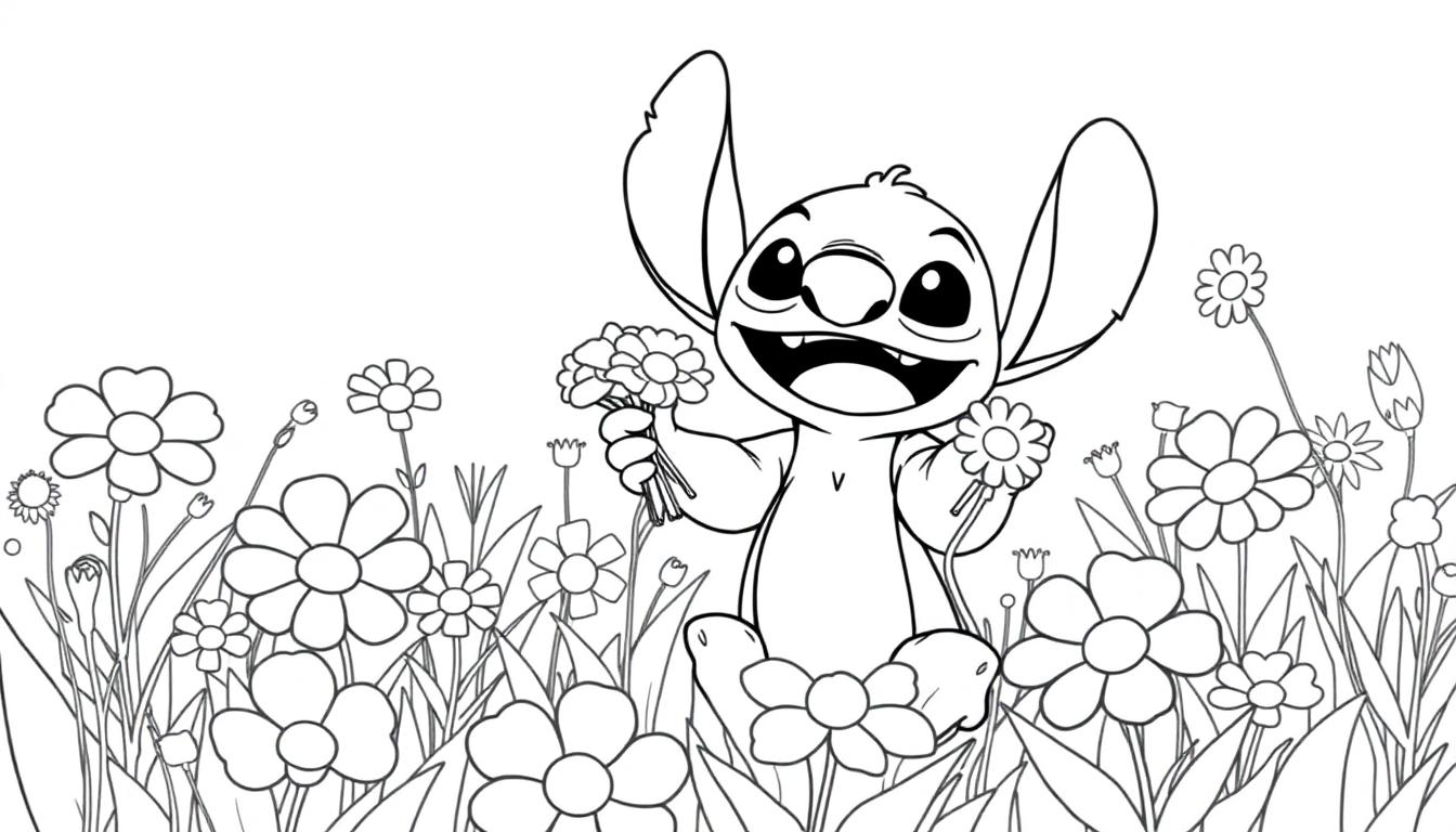 Schwarz-Weiß-Farbtafel von Stitch mit Blumen.