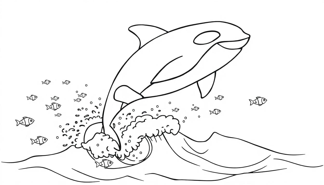 Eine Schwarz-Weiß-Farbtafel eines freundlichen Orcas, der aus dem Wasser springt, umgeben von kleinen Fischen.