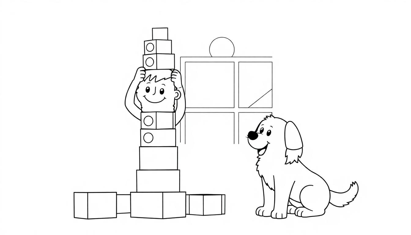 Farbtafel: Ein lächelnder Junge baut einen Turm aus Bauklötzen, während ein freundlicher Hund zusieht.