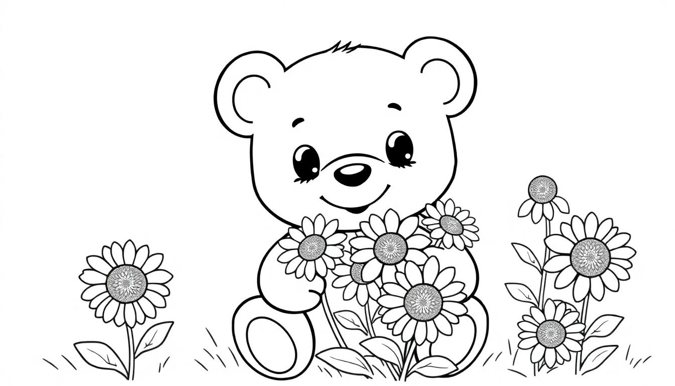 Schwarz-weiße Farbtafel eines niedlichen Bären, der Blumen hält.