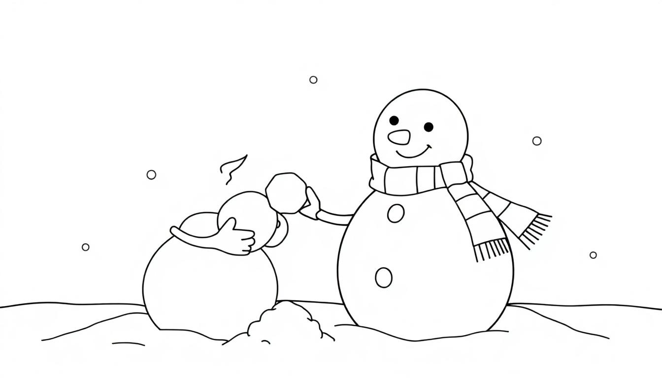 Eine Schwarz-Weiß-Farbtafel von einem großen, lächelnden Schneemann, der einen kleineren Schneemann baut.