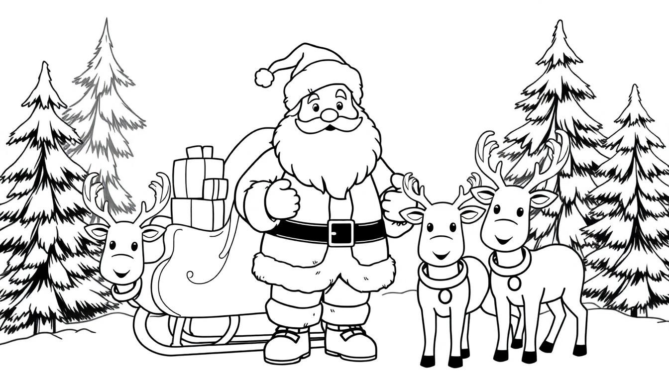 Schwarz-Weiß-Farbtafel von Santa Claus mit Rentieren und Schlitten voller Geschenke im Wald.