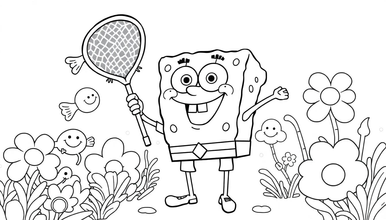 Eine Farbtafel-Zeichnung von SpongeBob Schwammkopf mit einem Schmetterlingsnetz im Quallenfeld.