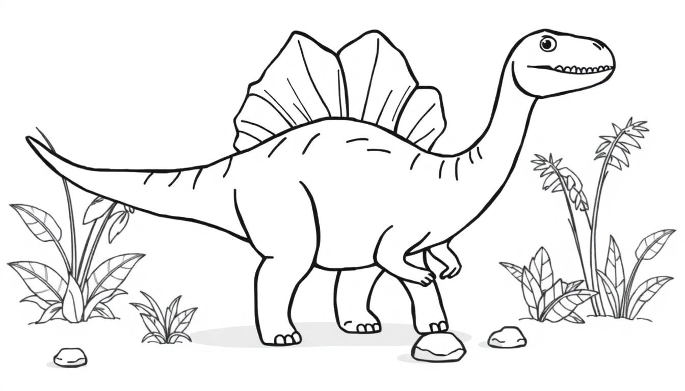 Schwarz-weiße Farbtafel eines freundlichen Spinosaurus mit einem Segel auf dem Rücken in einer prähistorischen Landschaft.