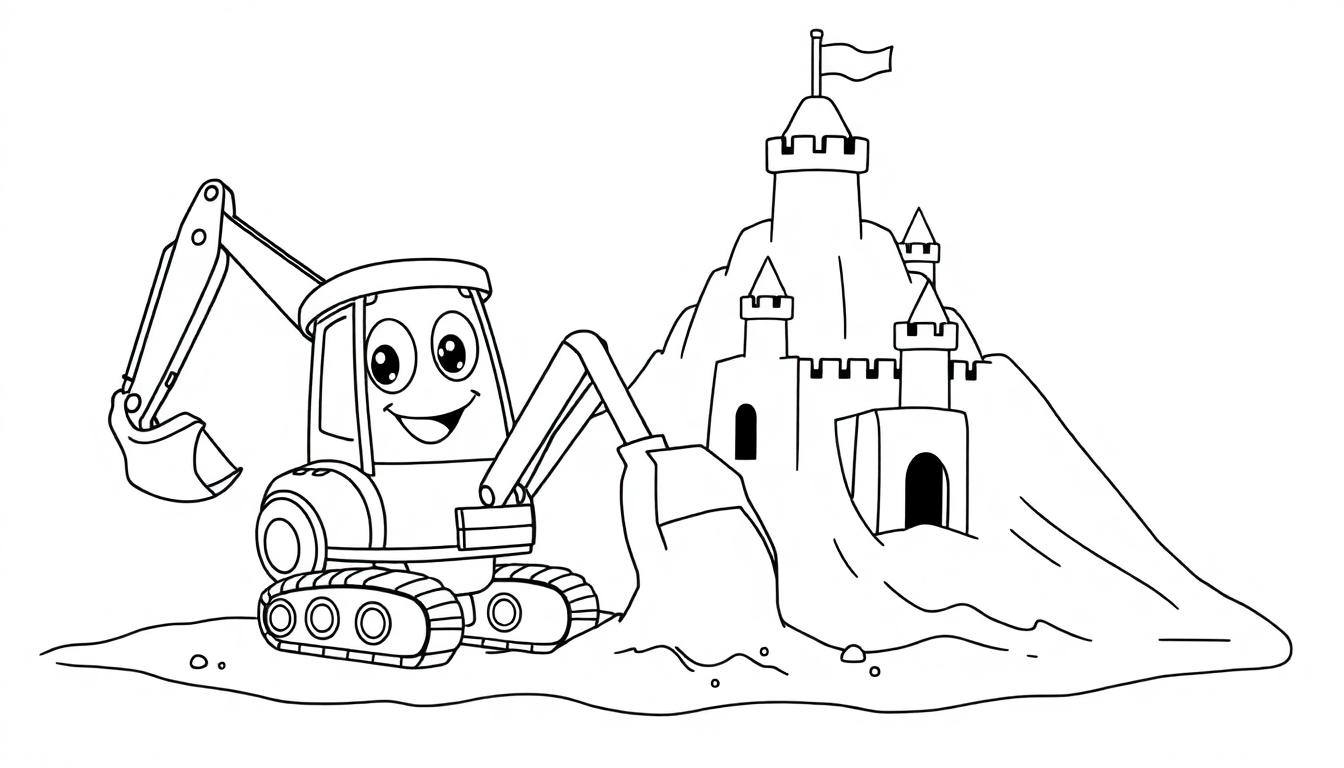Schwarz-Weiß-Farbtafel: Ein Cartoon-Bagger mit lächelndem Gesicht baut eine Sandburg mit Türmen und einer Flagge am Strand.