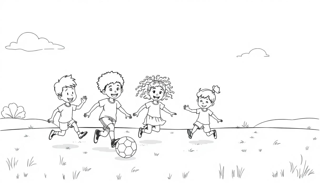 Vier Kinder spielen Fußball auf einer bunten Farbtafel-Wiese.