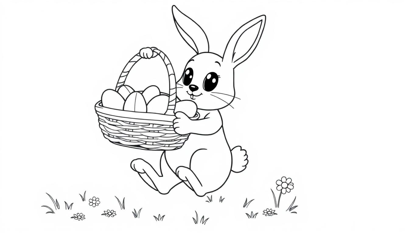 Eine Schwarz-Weiß-Farbtafel eines Osterhasen, der einen Korb voller Ostereier hält, in einer Graslandschaft.