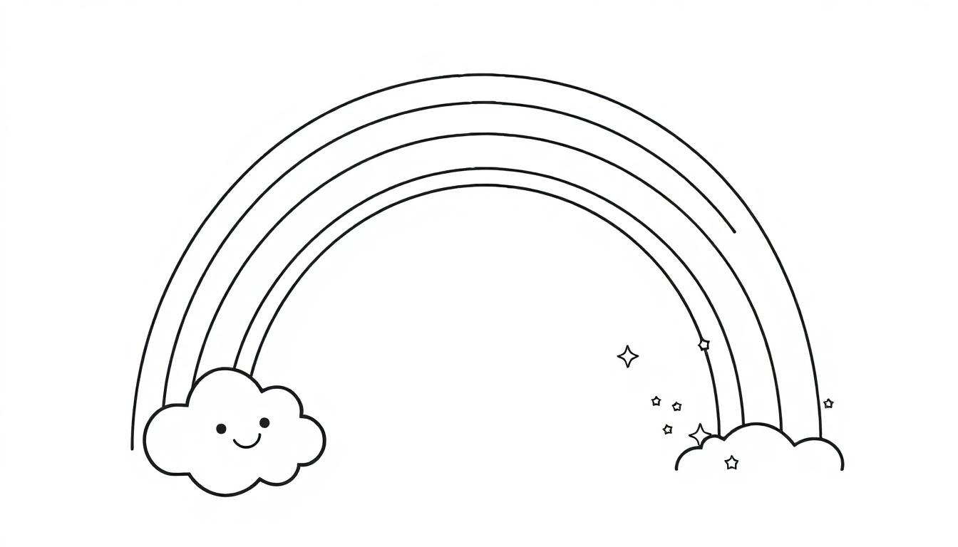 Eine niedliche Farbtafel eines Regenbogens mit lächelnden Wolken und Sternen.