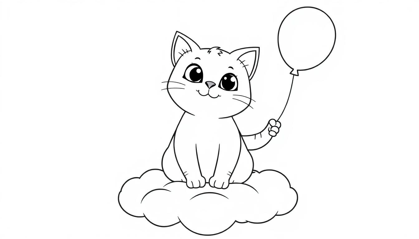 Eine niedliche schwarze und weiße Cartoon-Katze sitzt auf einer Wolke und hält einen roten Ballon. Farbtafel-Effekt.