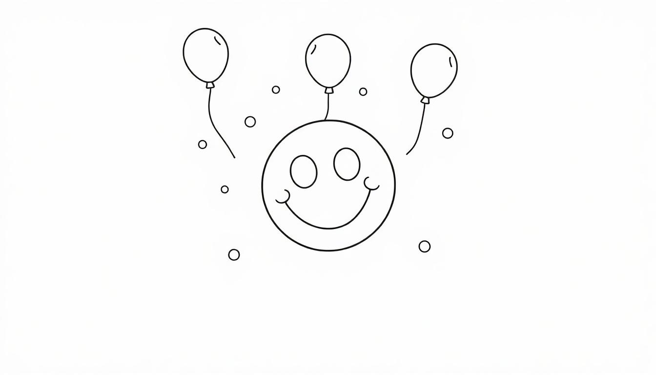 Ein fröhliches Smiley-Gesicht mit Ballons, eine Farbtafel