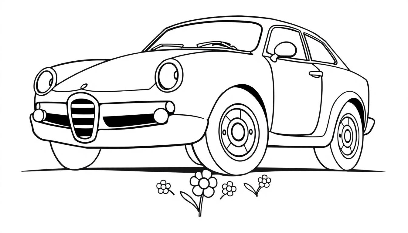 Eine schwarz-weiße Farbtafel-Zeichnung eines niedlichen Oldtimer-Autos mit Blumen darunter, bereit zum Ausmalen.