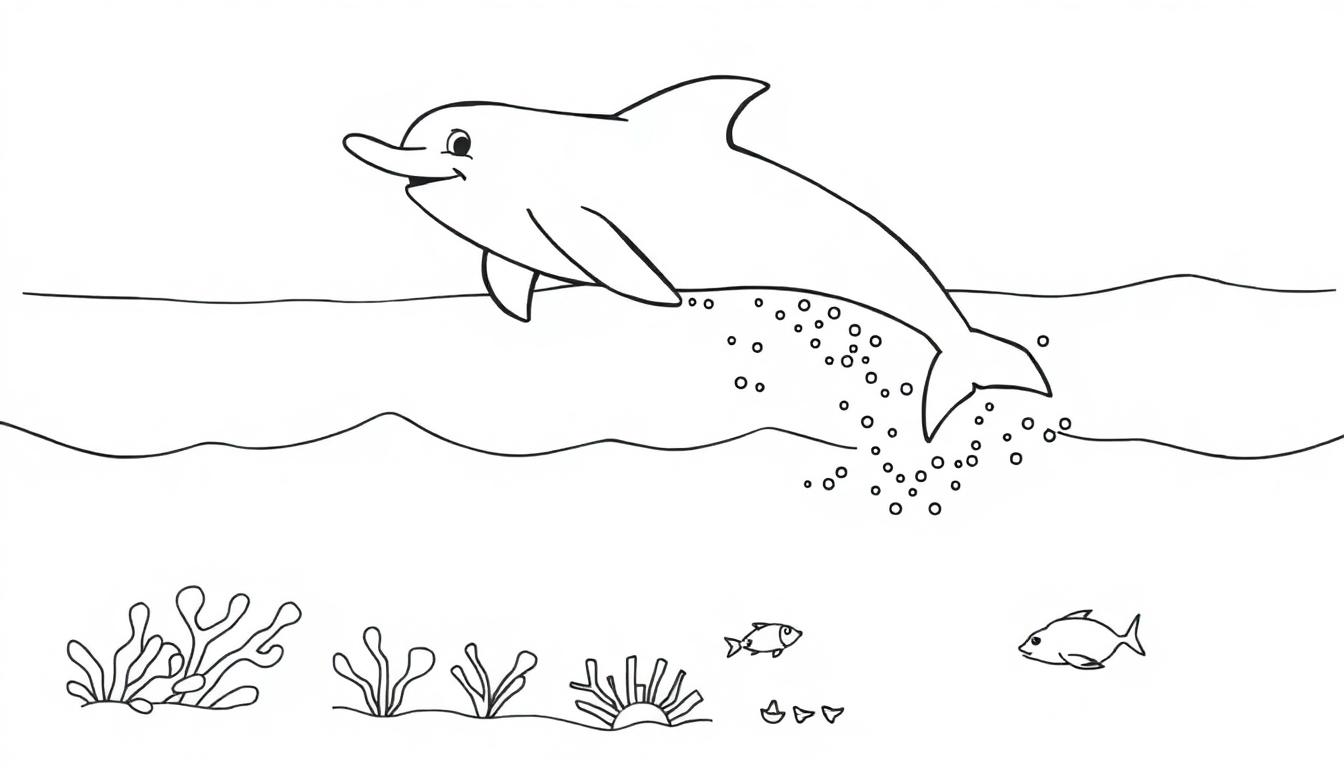 Eine Schwarz-Weiß-Farbtafel eines fröhlichen Delphins, der aus dem Wasser springt, mit einer bunten Unterwasserwelt darunter.