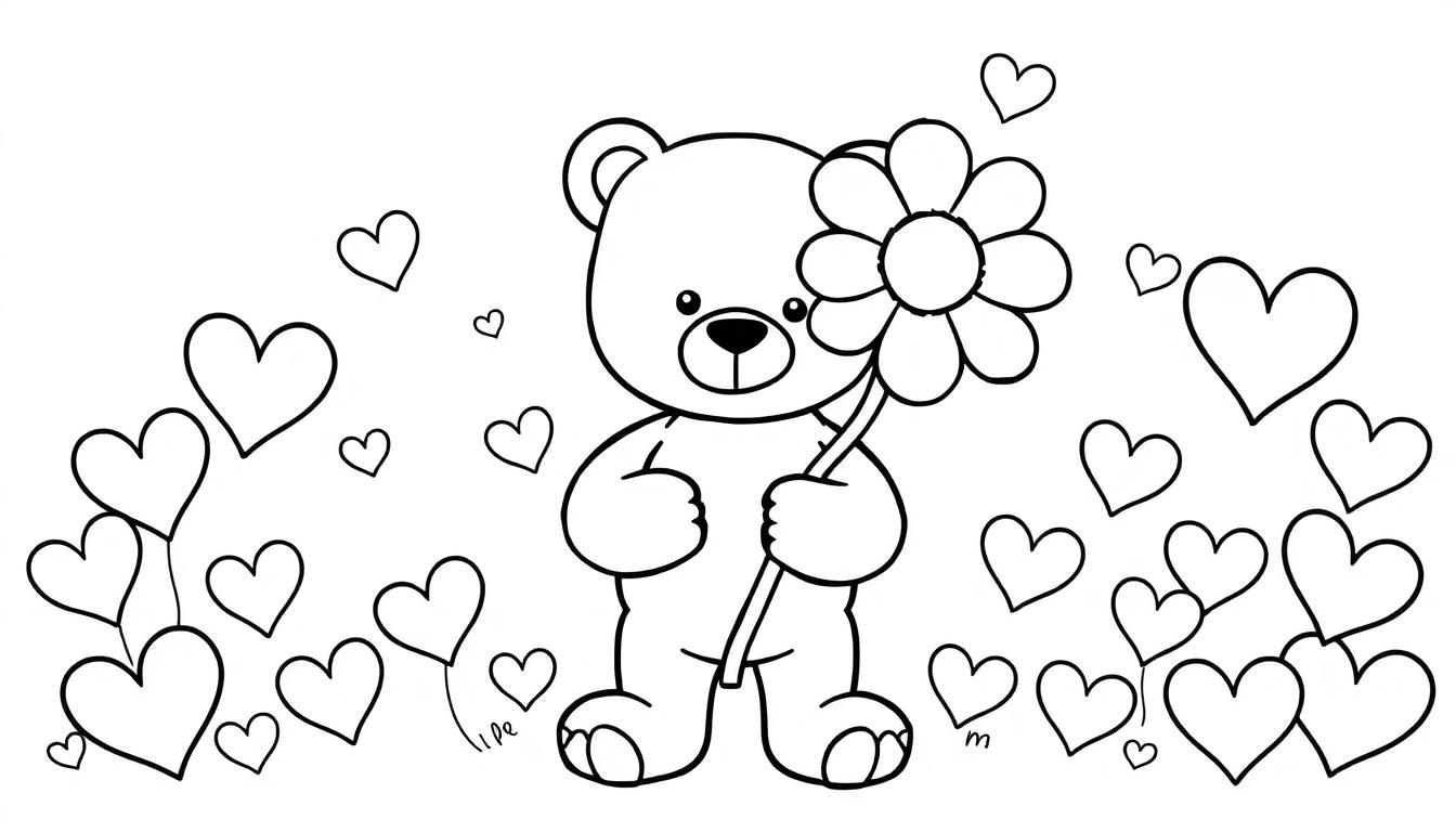 Eine niedliche Farbtafel-Umrisszeichnung eines Teddybären, der eine Blume hält, umgeben von Herzen.