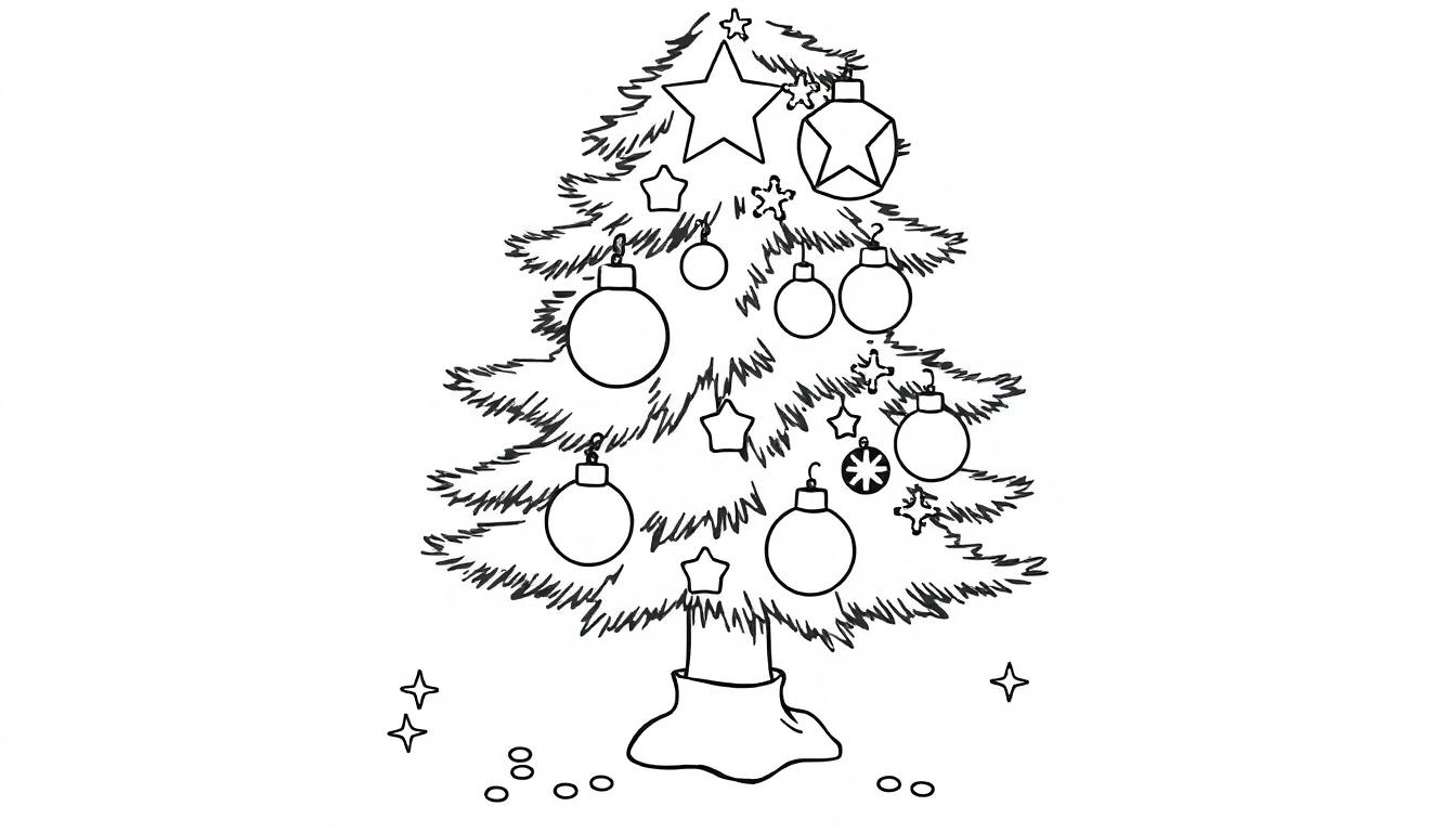 Schwarzweiß-Farbtafel eines Weihnachtsbaums mit Kugeln und Sternen.
