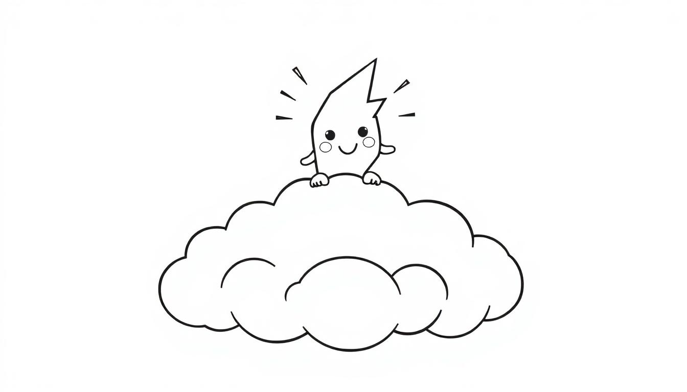 Eine schwarz-weiße Farbtafel-Zeichnung eines freundlichen Cartoon-Blitzes, der auf einer Wolke sitzt und sich festhält. Der Blitz hat einen gezackten Kopf, große Augen und ein Lächeln.