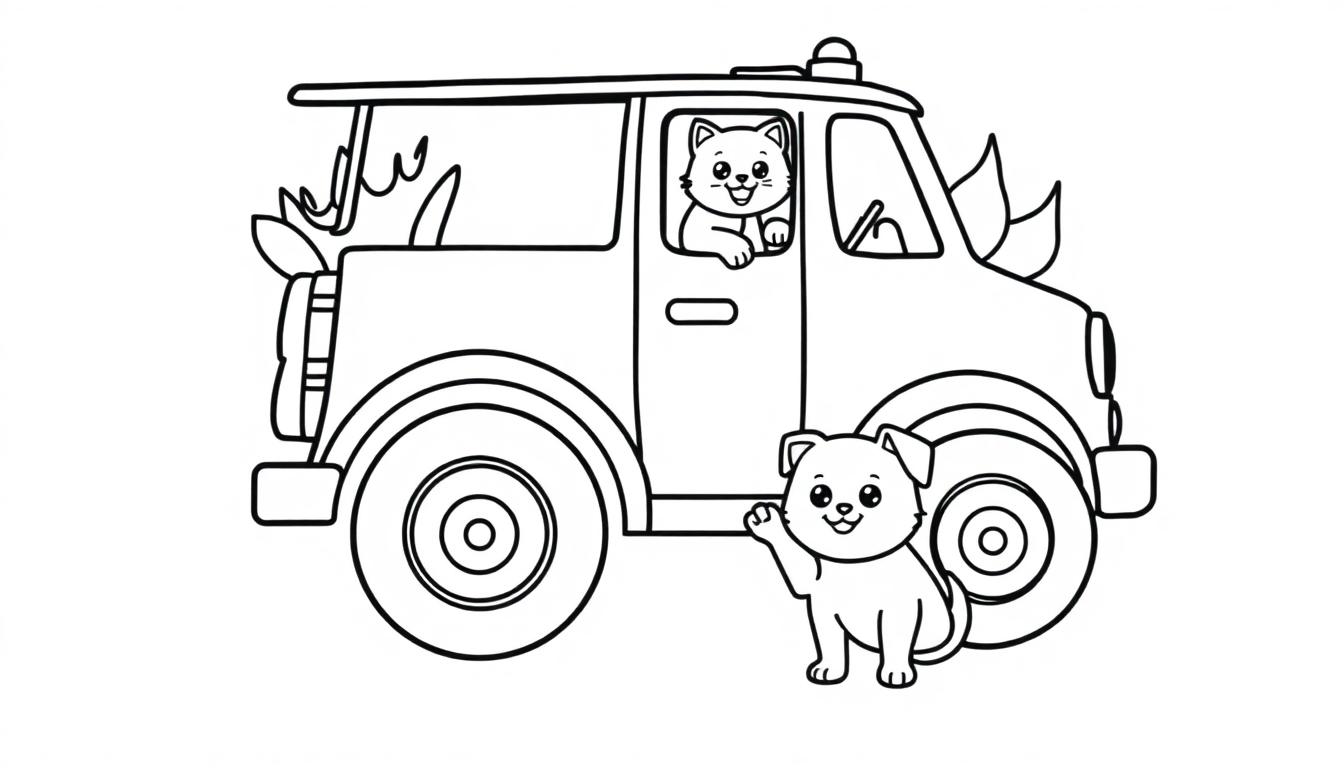 Eine Schwarz-Weiß-Farbtafel-Zeichnung eines Autos mit einer Katze am Steuer und einem Hund, der davor winkt.