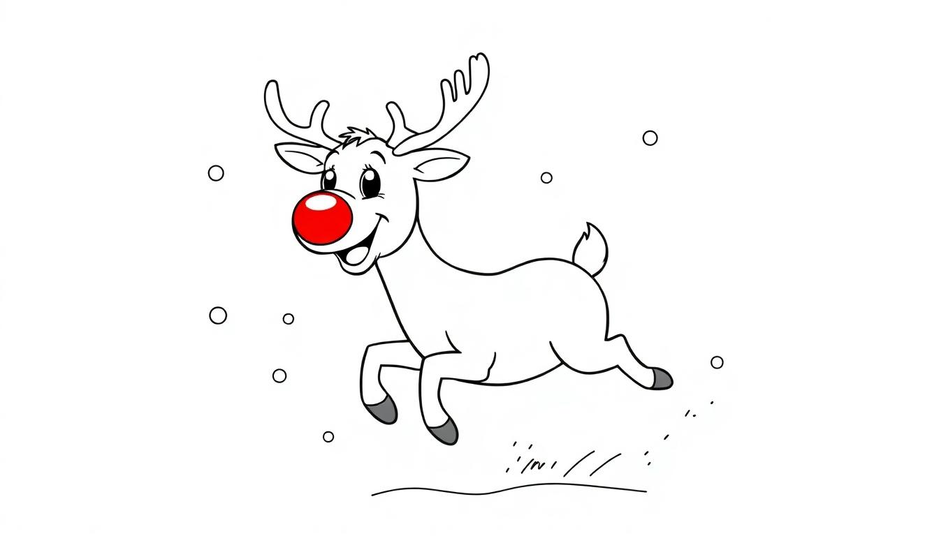 Eine Farbtafel mit Rudolph, dem Rentier, das fröhlich im Schnee springt.