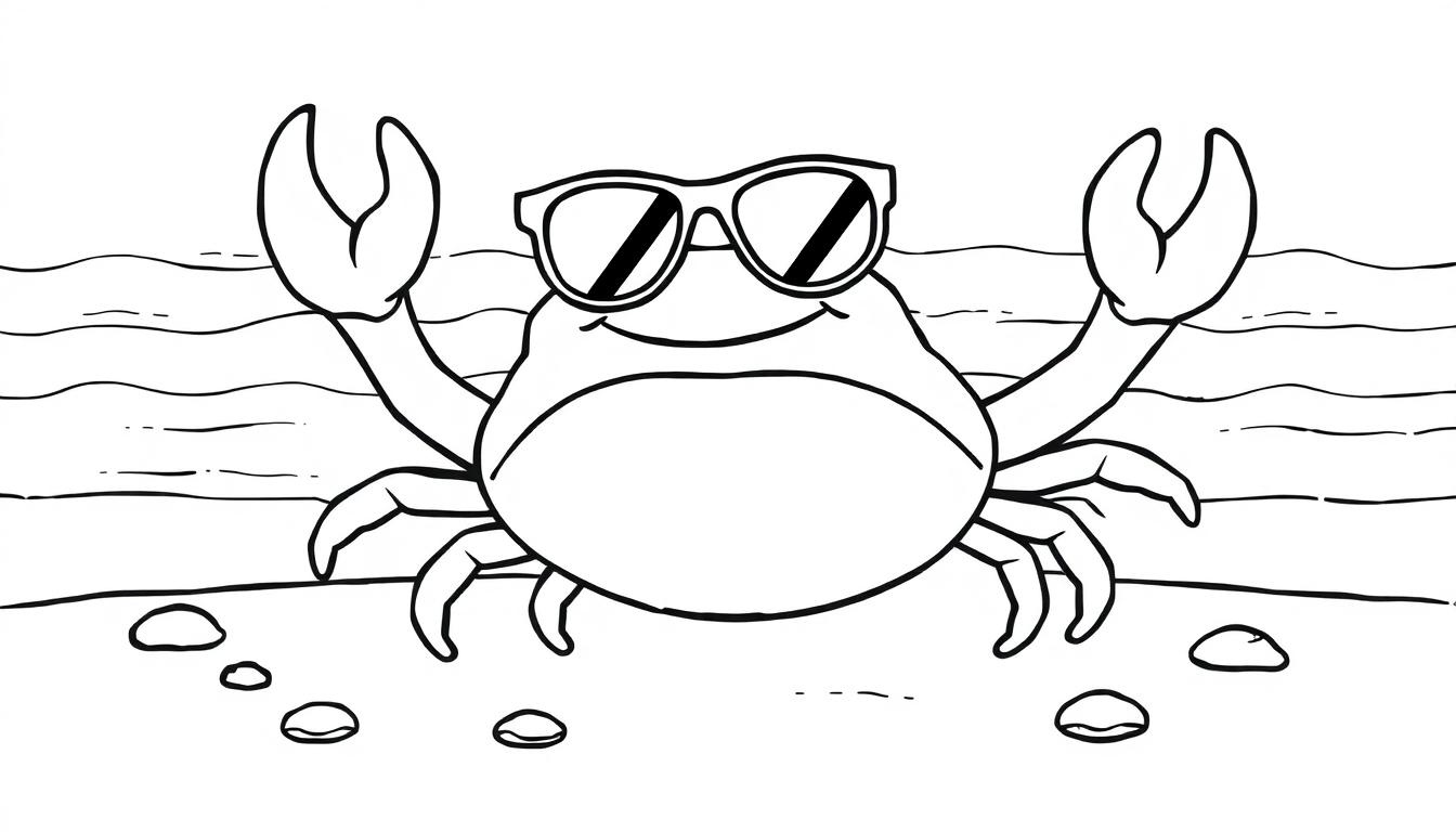 Eine fröhliche Farbtafel eines Cartoon-Krebses mit Sonnenbrille am Strand.