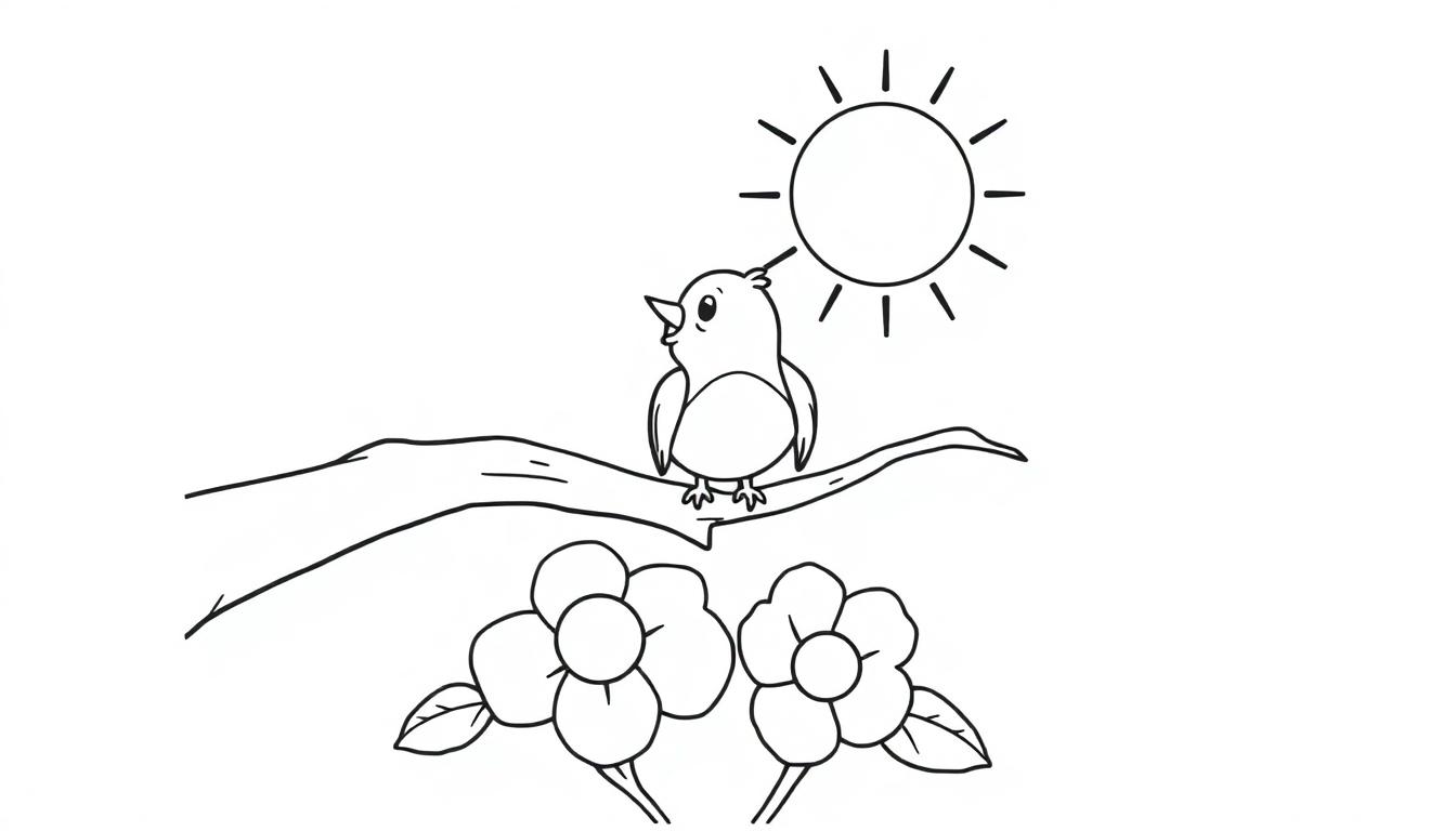 Schwarz-weiße Farbtafel-Zeichnung eines kleinen Vogels auf einem Ast unter einer stilisierten Sonne.