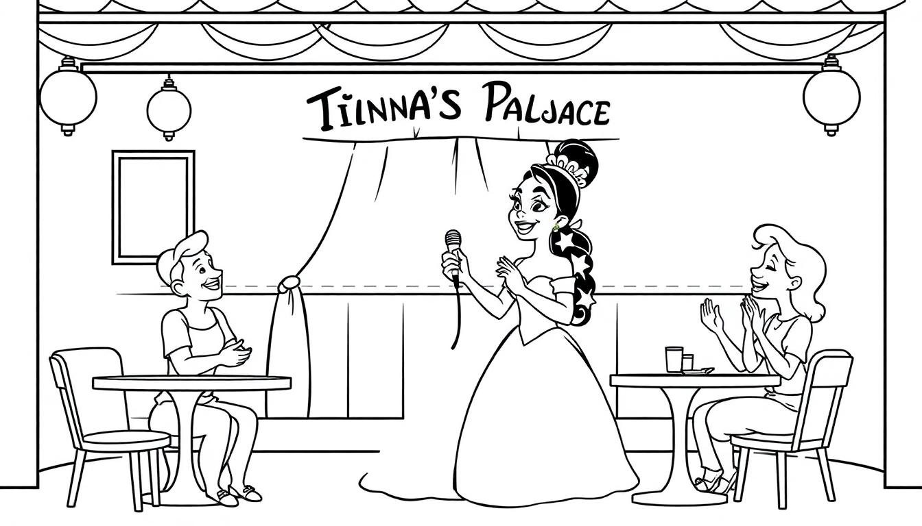 Eine Schwarz-Weiß-Farbtafel mit Tiana, die in ihrem Lokal singt, während zwei Gäste klatschen.