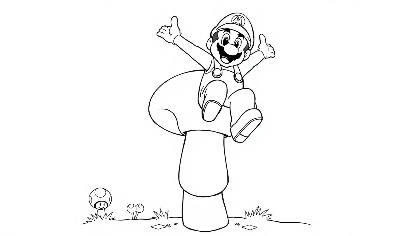 Mario auf einem großen Pilz, eine Farbtafel.