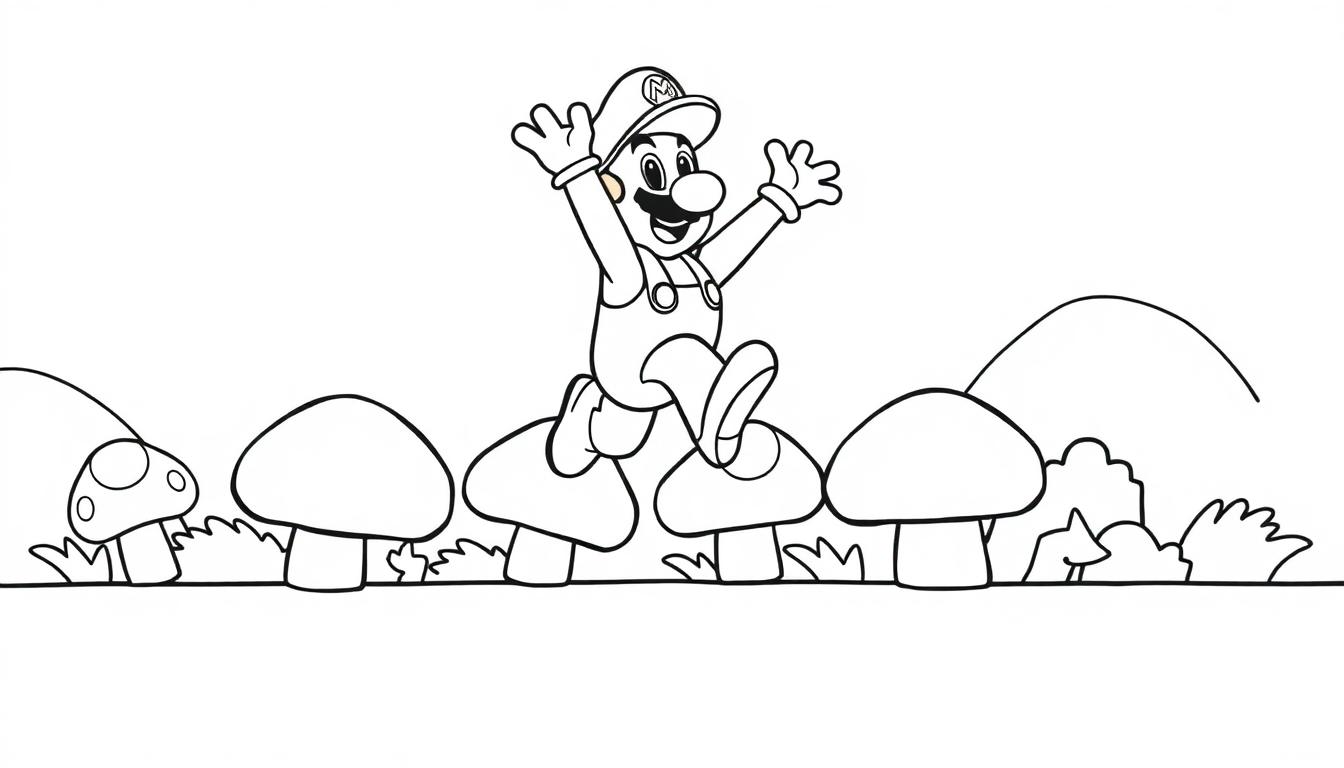 Eine Schwarz-Weiß-Farbtafel-Zeichnung von Mario, der fröhlich auf bunten Pilzen im Pilz-Königreich springt.