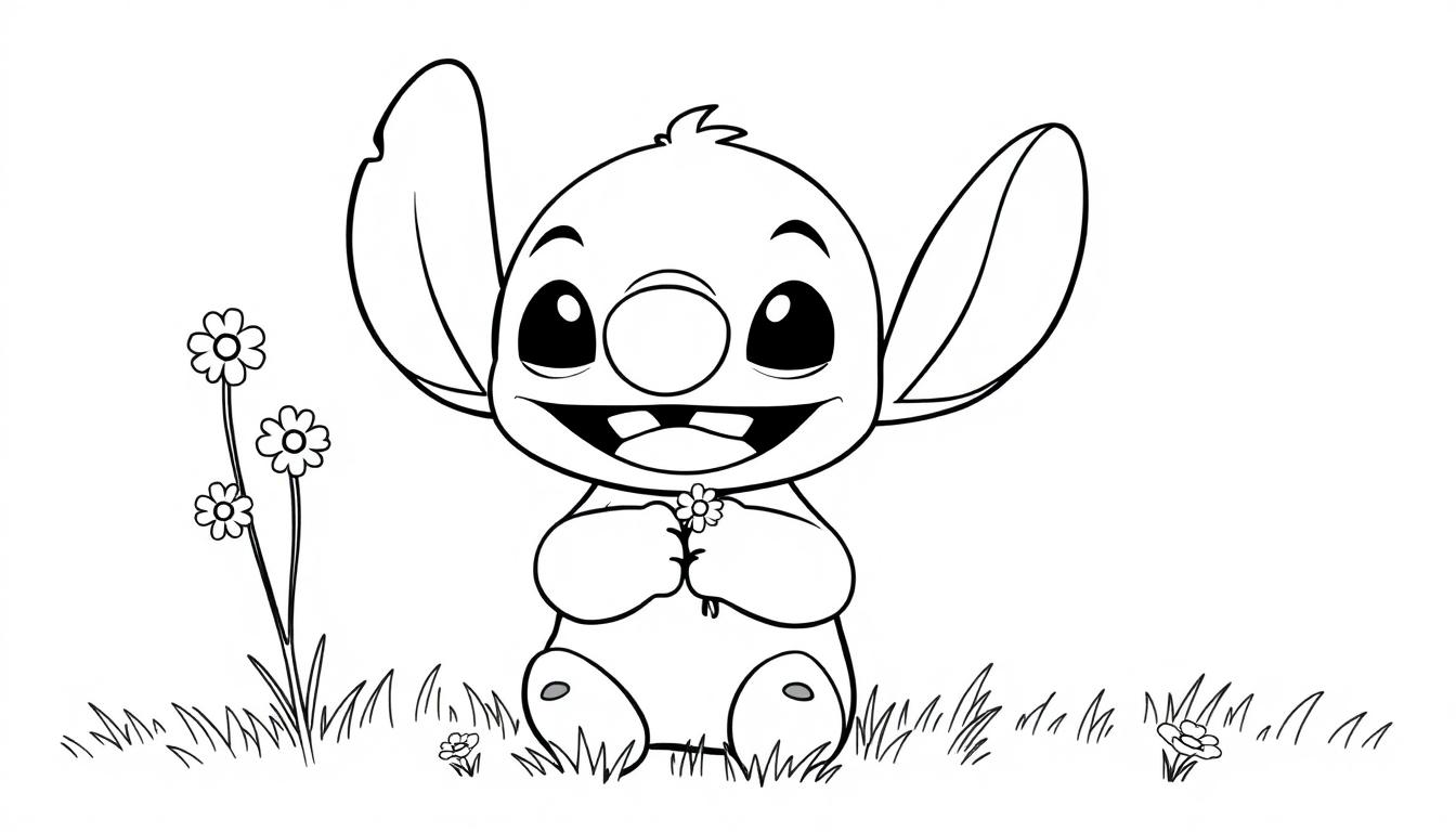Eine Schwarz-Weiß-Farbtafel von Stitch, der im Gras sitzt und eine Blume hält.