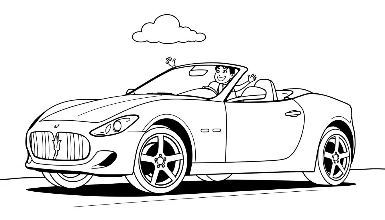 Schwarz-weiße Farbtafel-Zeichnung eines Mannes in einem Cabriolet, der lächelt und winkt, mit einer Wolke darüber.