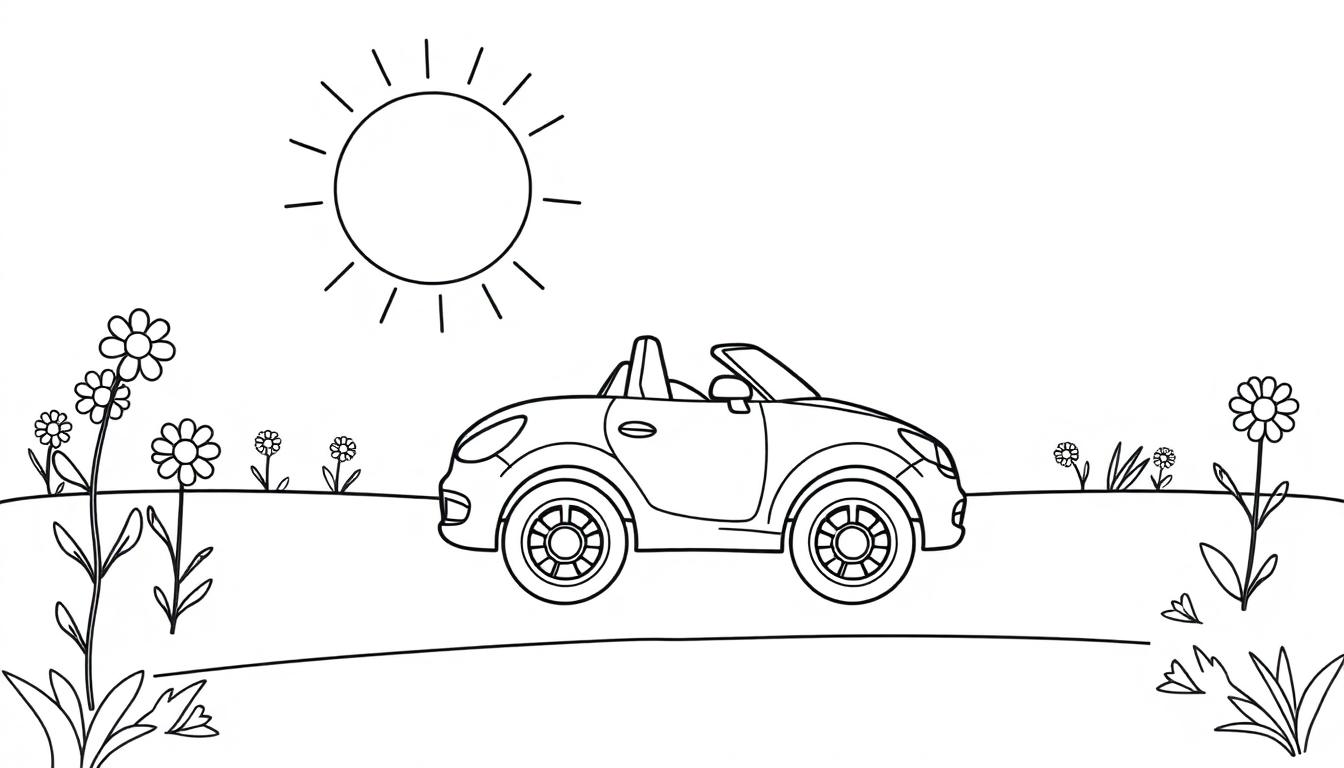 Farbtafel: Ein sonniges Bild mit einem roten Cabriolet auf einer Straße voller Blumen.