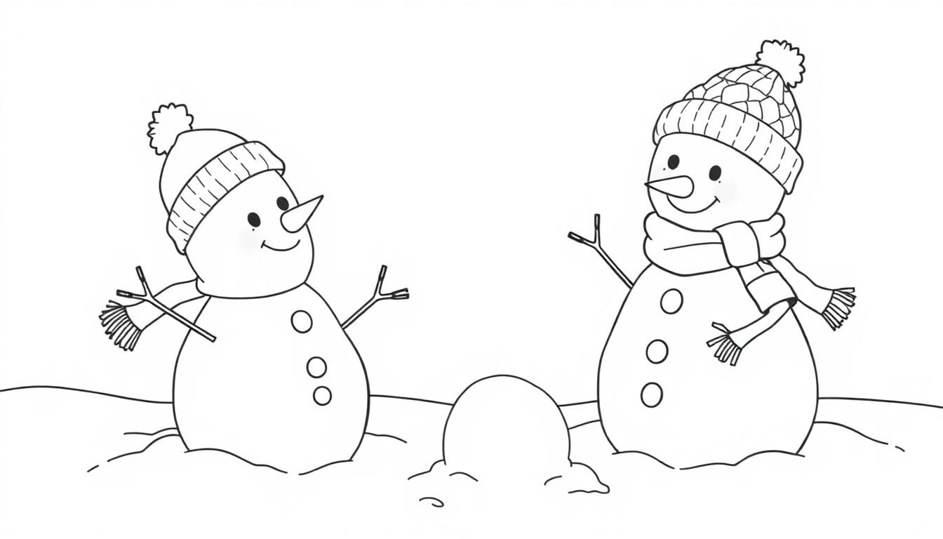 Schwarzweißzeichnung von zwei Schneemännern mit Mützen und Schals, bereit zum Ausmalen.