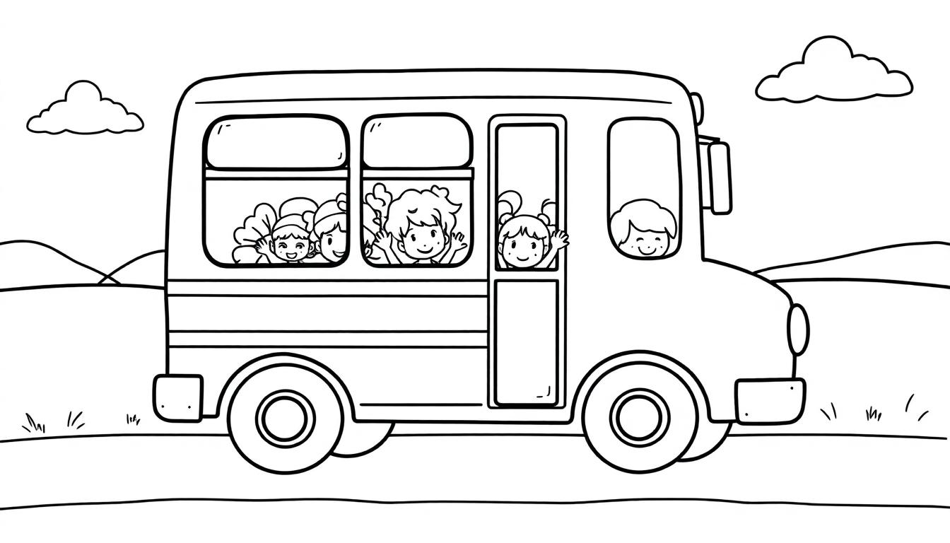 Schwarz-Weiß-Farbtafel-Zeichnung eines Schulbusses mit winkenden Kindern, der durch eine hügelige Landschaft fährt.