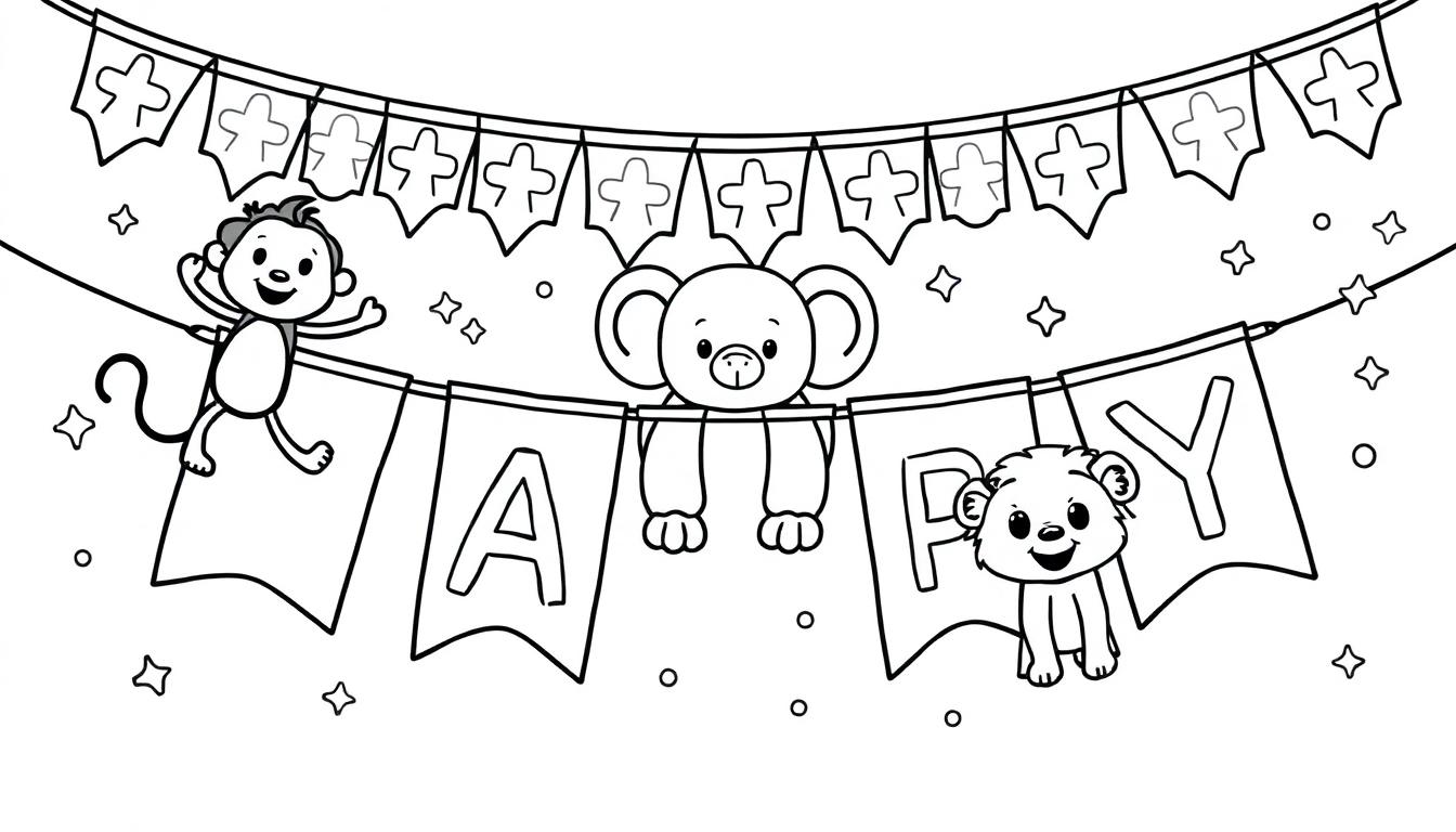Farbtafel: Fröhliche Geburtstagsszene mit Affen, Teddybär und Löwe an Girlanden.