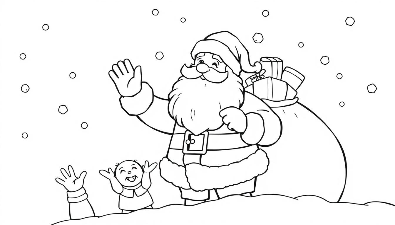 Eine Schwarz-Weiß-Farbtafel von Santa Claus, der lächelnd mit seiner rechten Hand winkt, mit einer vollen Geschenktasche auf dem Rücken. Ein kleiner Junge steht vor ihm im Schnee mit erhobenen Armen, während Schneeflocken fallen.