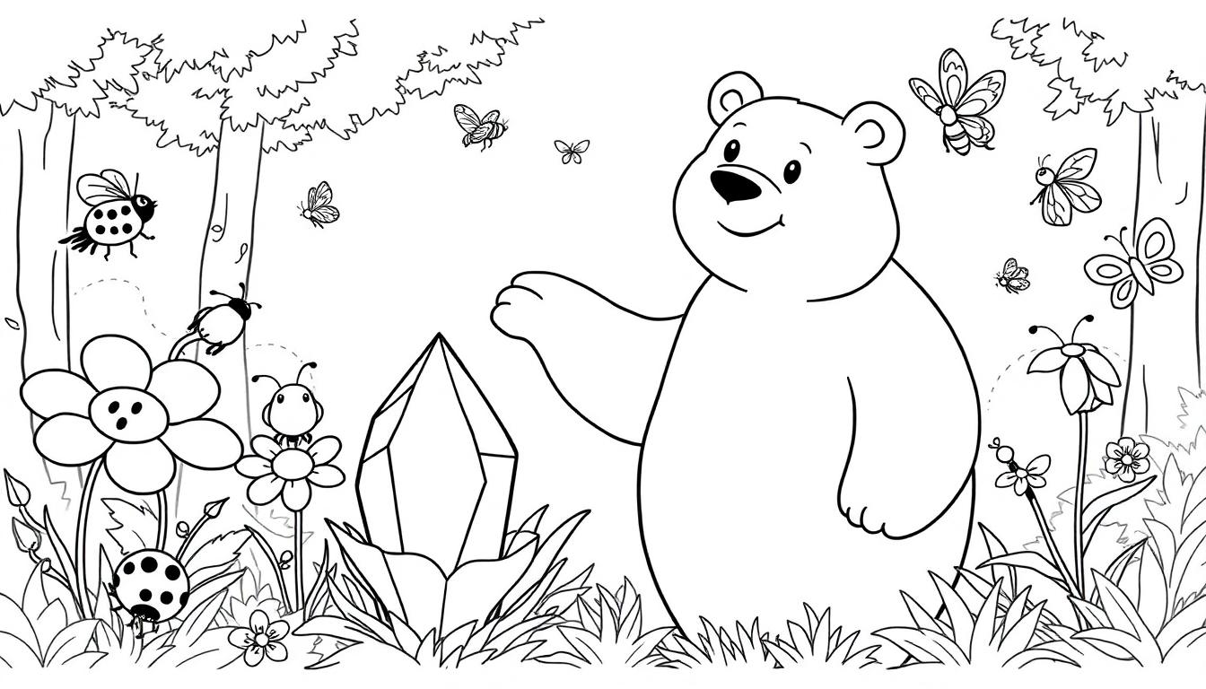 Ein Schwarz-Weiß-Malbuch-Bild eines freundlichen Bären, der einen Kristall in einem Wald betrachtet, mit Blumen und Insekten, bereit zum Ausmalen für eine Farbtafel.