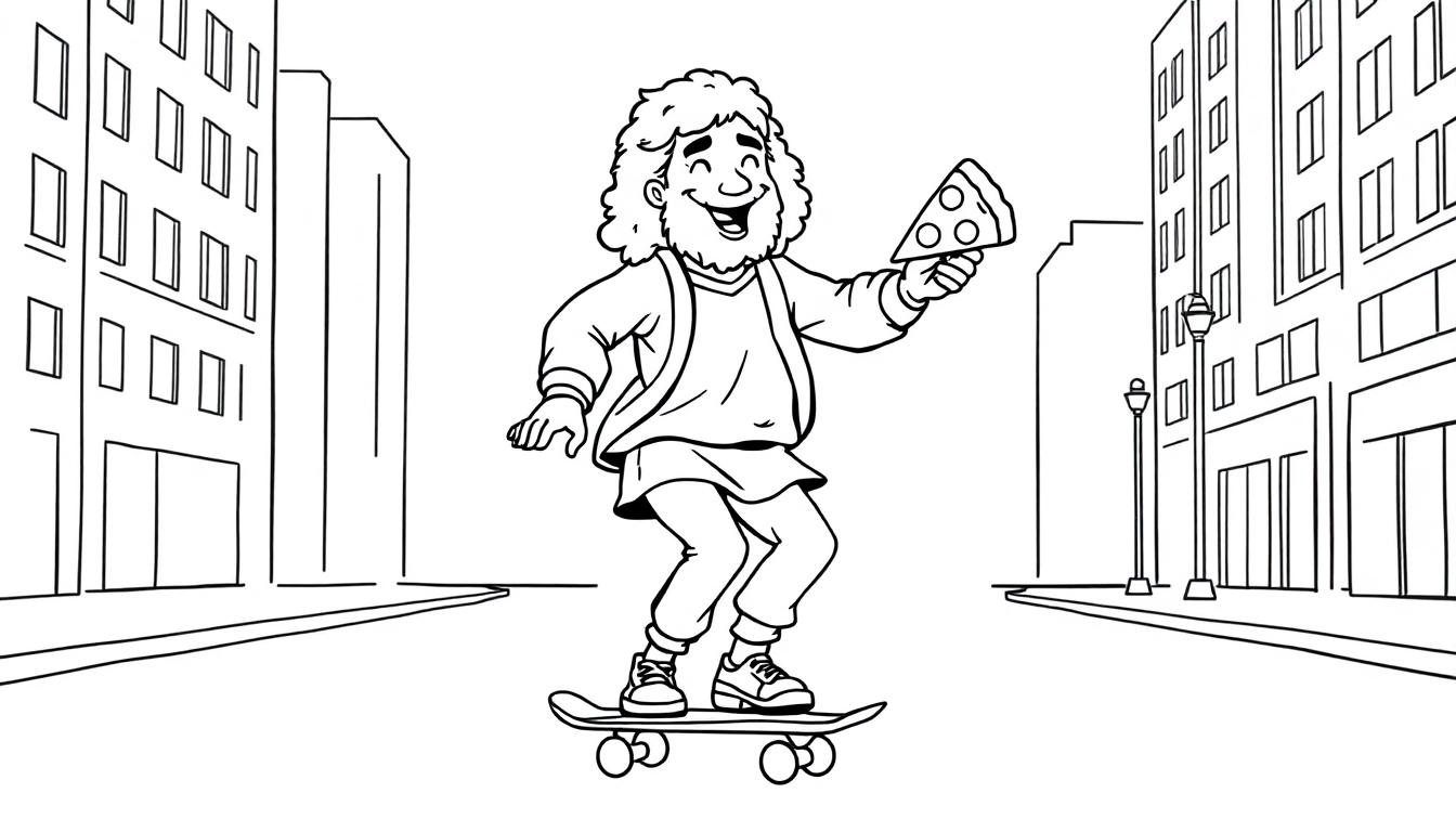 Leonardo der Teenage Mutant Ninja Turtle fährt auf einem bunten Skateboard durch die Stadt und hält eine Pizza in der Mitte. Eine lebendige Farbtafel der Stadt ist im Hintergrund zu sehen.