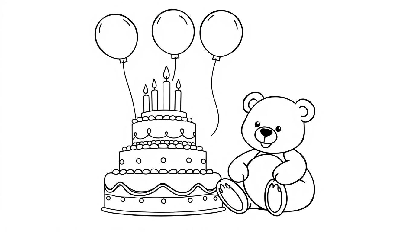 Eine niedliche Farbtafel eines Teddybären neben einem Geburtstagskuchen mit Kerzen und Luftballons.