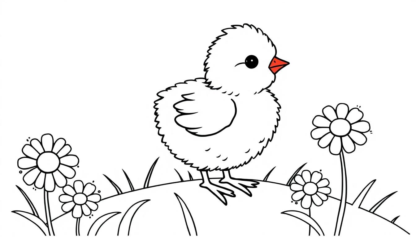 Farbtafel: Ein flauschiges, kleines Küken mit rotem Schnabel und Knopfauge steht auf einem Hügel in einer blühenden Wiese.