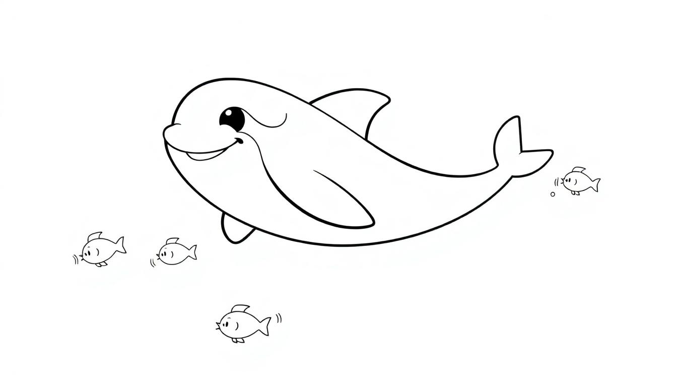 Farbtafel: Ein lächelnder Schwarz-Weiß-Zeichnung-Delfin schwimmt mit kleinen Fischen.