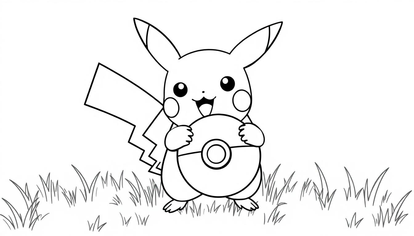 Schwarz-Weiß-Farbtafel-Zeichnung von Pikachu, das im Gras steht und einen Pokéball hält.