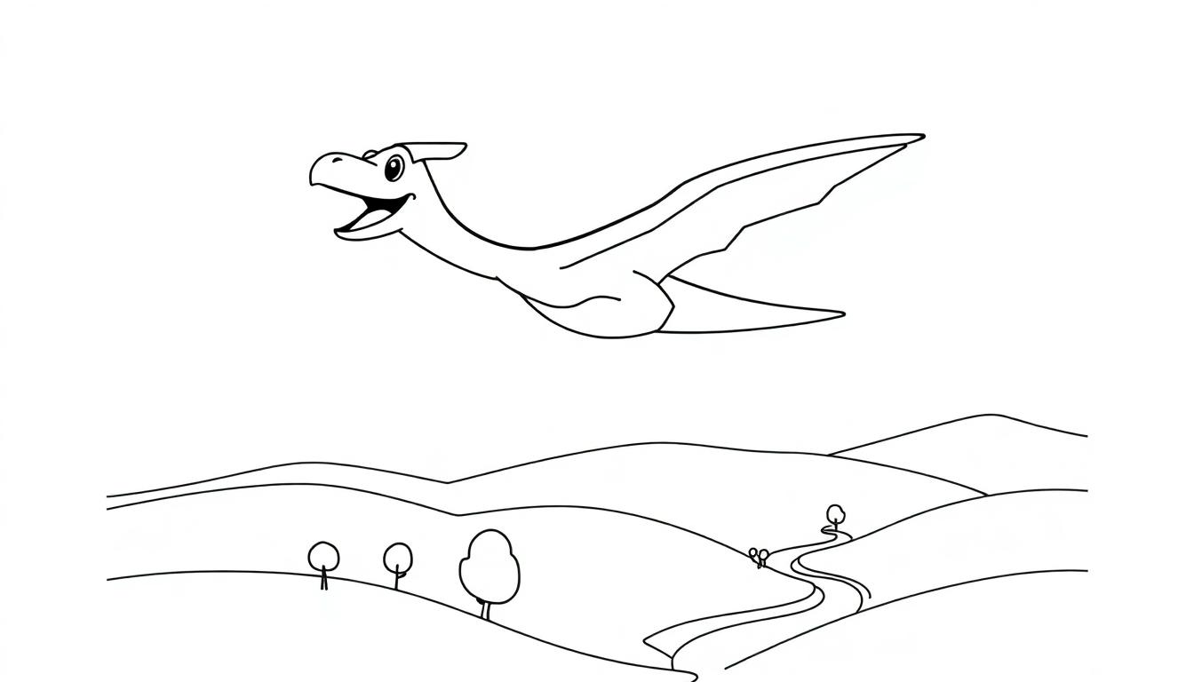 Ein Cartoon-Pteranodon fliegt fröhlich über hügelige Landschaften, eine Farbtafel zum Ausmalen.