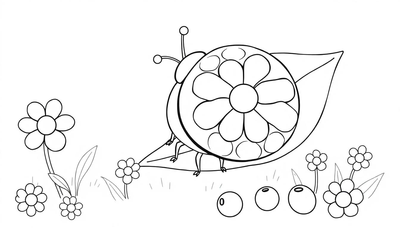 Eine niedliche Cartoon-Käfer-Schnecken-Kreatur sitzt auf einem Blatt, umgeben von Blumen und Beeren, bereit zum Ausmalen als Farbtafel.