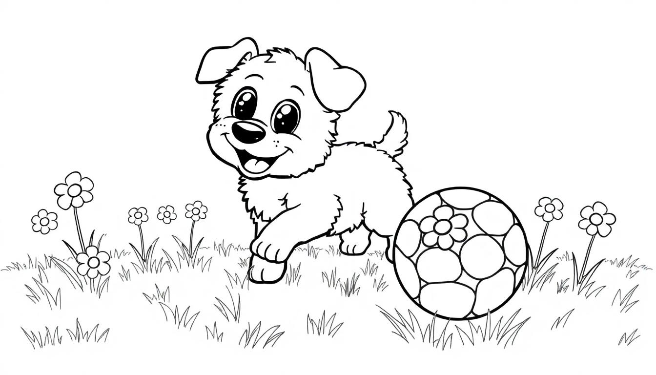 Schwarz-Weiß-Cartoon eines kleinen, lockigen Hundes mit großen Augen und langer Zunge, der einem verzierten Ball in einem Grasfeld mit Blumen nachjagt. Farbtafel für Kinder.