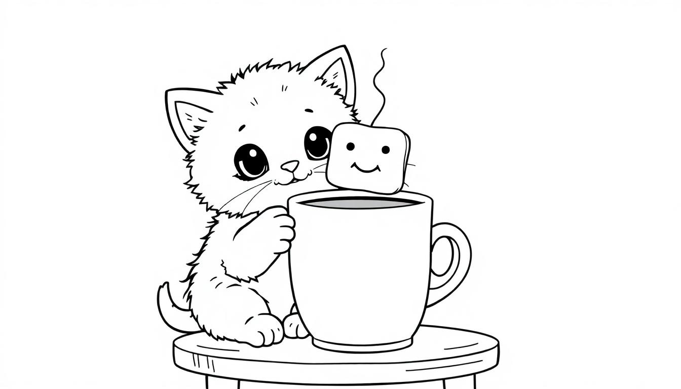 Eine niedliche schwarz-weiße Zeichnung eines Kätzchens, das eine Tasse mit einem Marshmallow mit einem lächelnden Gesicht trinkt, eine Farbtafel.