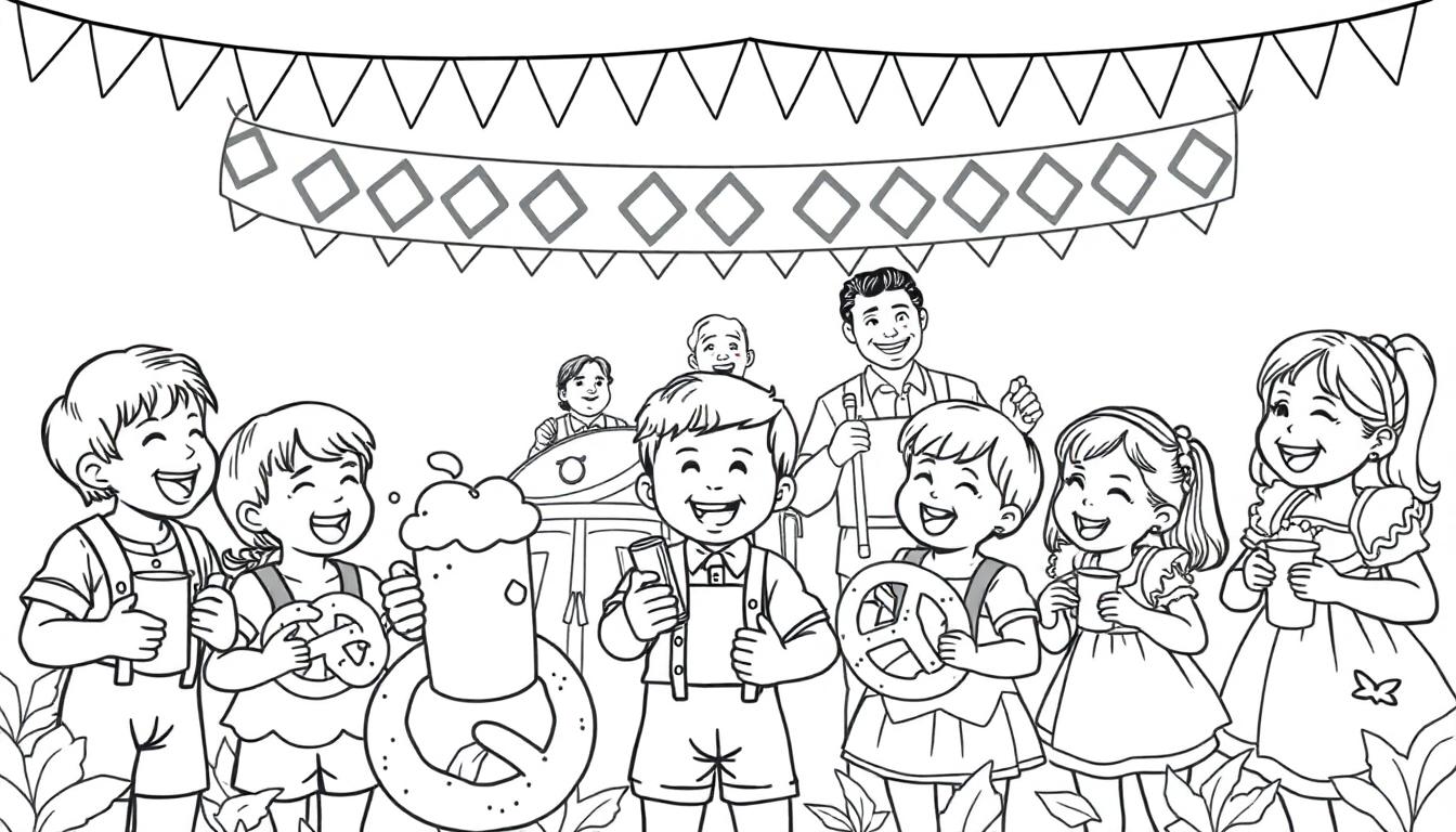 Farbtafel: Fröhliche Kinder in bayerischer Tracht auf einem bunten Fest mit Bierstand.