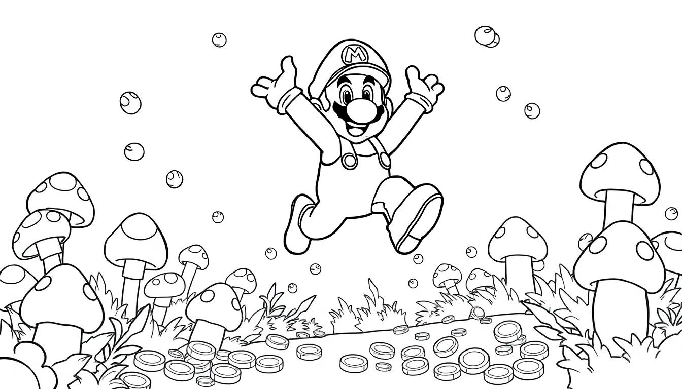 Eine Schwarz-Weiß-Farbtafel von Mario, der mit erhobenen Armen und einem Lächeln in die Luft springt, umgeben von Pilzen und Münzen.