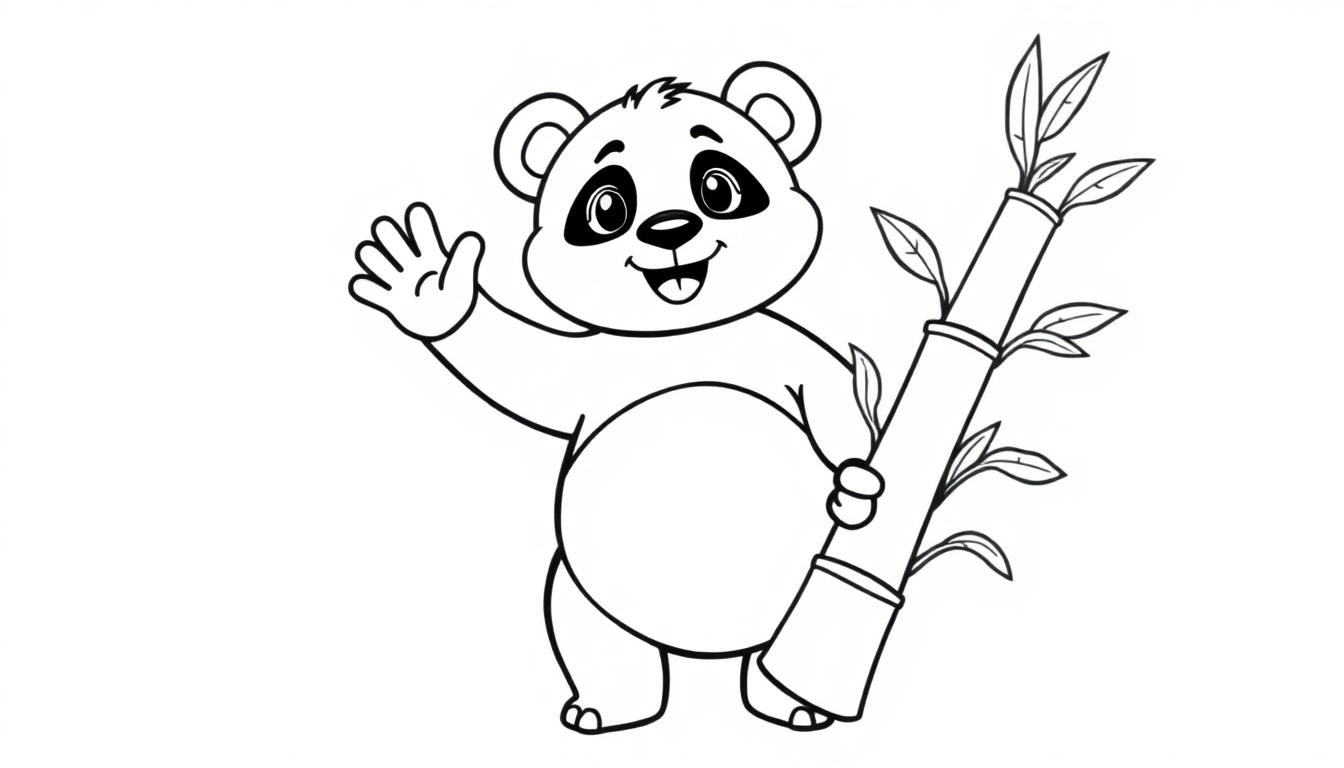 Eine Farbtafel-Zeichnung eines lächelnden Pandas, der mit einer Pfote winkt und mit der anderen einen Bambusstängel hält.